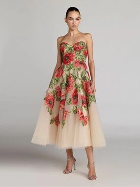 Mac Duggal Beige Strapless Floral Embroidered Midi Dress